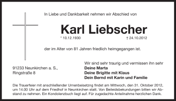 Traueranzeige von Karl Liebscher von Pegnitz-Zeitung